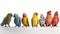 Various types of parrots are sitting in a row on a branch, white background, isolate. AI generated.