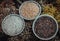 Various types of rice : Brown rice, Jasmine rice, Riceberry ceramic cup