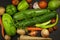 Various types of vegetables on an old wooden table. Sales of fresh vegetables.