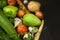 Various types of vegetables on an old wooden table. Sales of fresh vegetables.