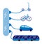 Various types of vehicles powered by electricity. Vector illustration. Bicycle, bus, scooter and car charging through the wires