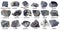Various unpolished black rocks with names cutout