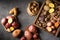 Various varieties of potatoes. Germination of sprouts on potatoes for planting in the ground, top view