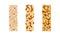 Various vector granola bars with sesame seeds, nuts, hazelnuts, puffed rice set. Healthy, energy, protein bars vector