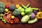 Various vegetables on display at a market, vibrant colors, generative AI