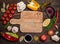 Various vegetables and spices and empty old cutting board. Color