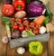 Various vegetables in a wooden box