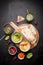 Various vegetarian colorful dips with pita bread