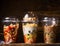 Various vegetarian salads in plastic cups on dark wooden background