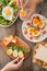 Various ways of cooking chicken eggs. Breakfast with eggs.