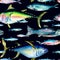 Various wild sea fish seamless pattern watercolor illustration isolated on black.