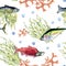 Various wild sea fish seamless pattern watercolor illustration isolated on white. Seaweeds, tuna, salmon, coho, sea