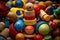 Various wooden and colorful children toys background. Generative AI