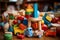 Various wooden and colorful children toys background. Generative AI