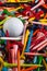 Various wooden golf tees and golf ball