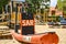 Various wooden playground equipment on a public playground in Berlin with the theme police and rescue