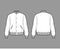 Varsity Bomber jacket technical fashion illustration with Rib baseball collar, cuffs, jetted pockets, buttons fastening
