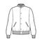 Varsity Bomber jacket technical fashion illustration with Rib baseball collar, cuffs, jetted pockets, buttons fastening