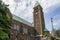 Vasa Church tower with a cloudy blue sky in the background, Gothenburg, Sweden