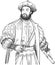 Vasco da Gama portrait in line art illustration.