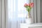 Vase with beautiful alstroemeria flowers on table near window indoors, space for text. Stylish element of interior design