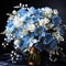 Vase with blue and white flowers in the studio on a dark background. Beautiful modern still life of flowers in a beautiful vase on