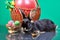 Vase with Easter eggs near a rabbit and a basket with a balloon