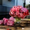 Vase of flower, pink geranium bouquet