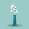 A vase of flowers. Blue vase with circles. White chamomile flowers. Flat illustration with flowers.
