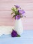 Vase flowers bouquet bell, purple pretty design table beauty decorative spring chrysanthemum arrangement on a wooden background