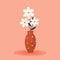 A vase of flowers. Orange vase with hearts. White chamomile flowers. Flat illustration with flowers.