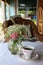 Vase of flowers and tea cup on sunroom tale