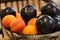 Vase with fresh apricots and black amber plums in the kitchen