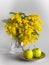 Vase of glass with branches of a mimosa on a white background and apples on a plate
