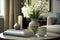 Vase with narcissus flowers and books on table in living room