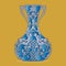 Vase silhouette blue, ornate, with peacock pattern, on light b