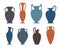Vase silhouettes set. Different antique ceramic vases and vessels. Various forms and shapes of ancient greek jars and