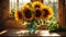 Vase with sunflowers decoration blossom of a window, sun rays design rustic greeting