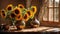 Vase with sunflowers decoration interior of a window, rays design rustic greeting