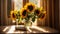 Vase with sunflowers decoration interior of a window, sun rays design rustic greeting