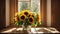 Vase with sunflowers decoration natural of a window, sun rays design rustic greeting
