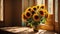Vase with sunflowers decoration window of a window, sun rays design rustic greeting