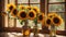 Vase with sunflowers on the window of a window, sun rays design rustic greeting