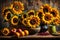 The vase of vibrant sunflowers and a bowl of ripe, juicy fruit on an antique wooden table.