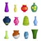 Vases ceramic of different shapes and colors cartoon set. Porcelain flower vessels, waterpot.