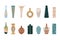 Vases vector set. Flat collection of trendy boho ceramic empty pots, jugs and vases. Interior design elements isolated