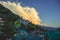 Vashisht village on background Himalayan mountains and blue sky with clouds at sunset time