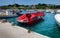 VASILIKOS, ZAKYNTHOS ISLAND, GREECE, JUNE 02, 2016: Red speed boat Dake Devil jet for tourists. Agressive design boat. Greece isla