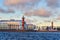 Vasilyevsky island Spit Strelka with Rostral columns. Saint Petersburg, Russia