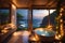 A vast body of water and a stunning natural landscape view from a bathroom